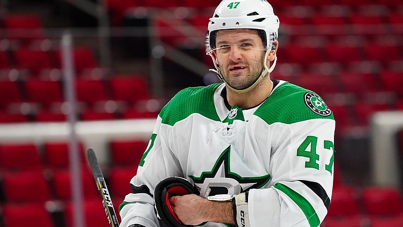 Jan 31, 2021; Raleigh, North Carolina, USA;  Dallas Stars right wing Alexander Radulov (47) looks on against the Carolina Hurricanes at PNC Arena. Mandatory Credit: James Guillory-USA TODAY Sports