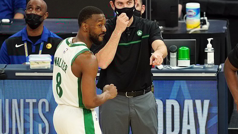Feb 2, 2021; San Francisco, California, USA; Boston Celtics head coach Brad Stevens talks to guard Kemba Walker (8) during the fourth quarter against the Golden State Warriors at Chase Center. Mandatory Credit: Darren Yamashita-USA TODAY Sports