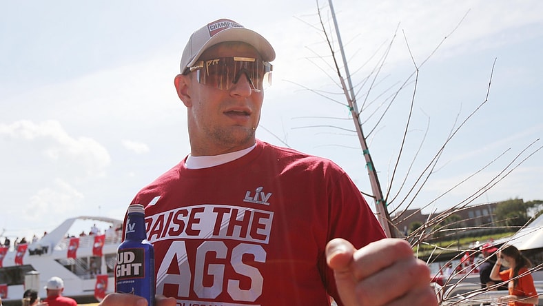Feb 10, 2021; Tampa Bay, FL, USA; Tampa Bay Buccaneers tight end Rob Gronkowski arrives for a boat parade to celebrate victory in Super Bowl LV against the Kansas City Chiefs. Mandatory Credit: Kim Klement-USA TODAY Sports