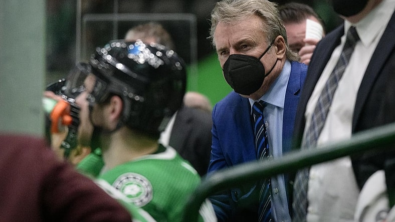 Feb 11, 2021; Dallas, Texas, USA; Dallas Stars head coach Rick Bowness watches the game between the Dallas Stars and the Carolina Hurricanes during the second period at the American Airlines Center. Mandatory Credit: Jerome Miron-USA TODAY Sports