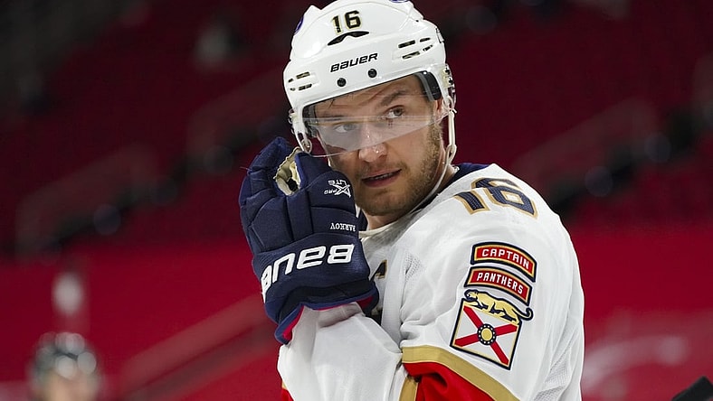 Feb 17, 2021; Raleigh, North Carolina, USA;  Florida Panthers center Aleksander Barkov (16) reacts during a game against the Carolina Hurricanes at PNC Arena. Mandatory Credit: James Guillory-USA TODAY Sports