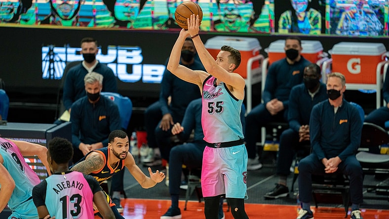 Feb 17, 2021; San Francisco, California, USA; Miami Heat guard Duncan Robinson (55) shoots a three point basket against the Golden State Warriors during the third quarter at Chase Center. Mandatory Credit: Neville E. Guard-USA TODAY Sports