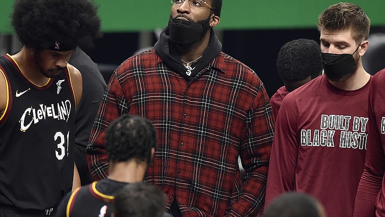Feb 19, 2021; Cleveland, Ohio, USA; Cleveland Cavaliers center Andre Drummond (3), center, stands in the huddle during a timeout in the first quarter against the Denver Nuggets at Rocket Mortgage FieldHouse. Mandatory Credit: David Richard-USA TODAY Sports