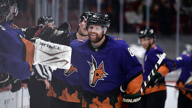 Feb 20, 2021; Glendale, Arizona, USA; Arizona Coyotes right wing Phil Kessel (81) celebrates a goal against the Los Angeles Kings during the third period at Gila River Arena. Mandatory Credit: Joe Camporeale-USA TODAY Sports