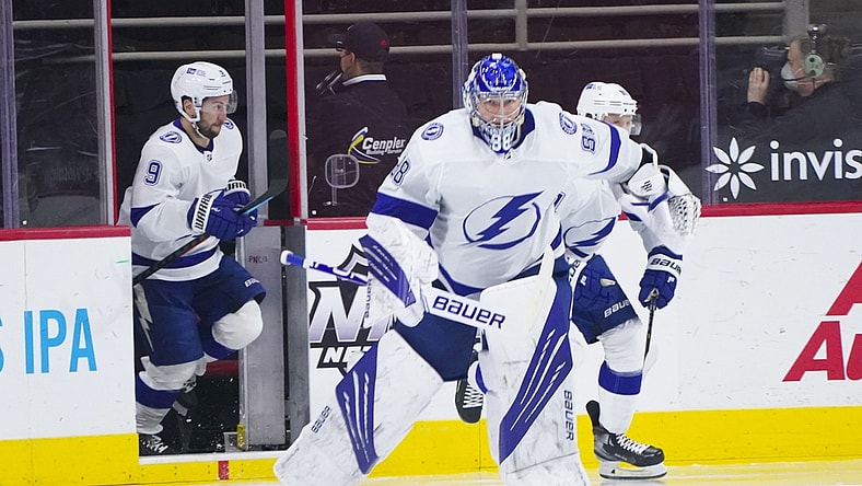 Feb 22, 2021; Raleigh, North Carolina, USA;  Tampa Bay Lightning goaltender Andrei Vasilevskiy (88) comes out onto the ice before the start ofd the period agains the Carolina Hurricanes at PNC Arena. Mandatory Credit: James Guillory-USA TODAY Sports