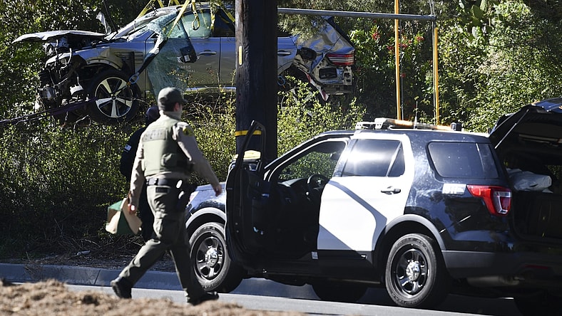 Feb 23, 2021; Rancho Palos Verdes, CA, USA; The vehicle of Tiger Woods after he was involved in a rollover accident in Rancho Palos Verdes on February 23, 2021. Woods had to be extricated from the wreck with the "jaws of life" by LA County firefighters, and is currently hospitalized. Mandatory Credit: Harrison Hill-USA TODAY