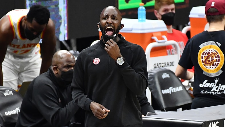 Feb 23, 2021; Cleveland, Ohio, USA; Atlanta Hawks head coach Lloyd Pierce yells to his team during the third quarter against the Cleveland Cavaliers at Rocket Mortgage FieldHouse. Mandatory Credit: Ken Blaze-USA TODAY Sports