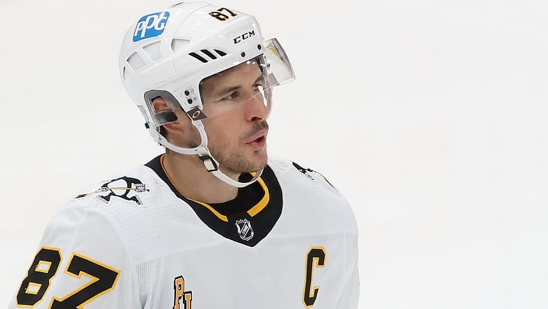Feb 23, 2021; Washington, District of Columbia, USA; Pittsburgh Penguins center Sidney Crosby (87) stands on the ice against the Washington Capitals at Capital One Arena. Mandatory Credit: Geoff Burke-USA TODAY Sports