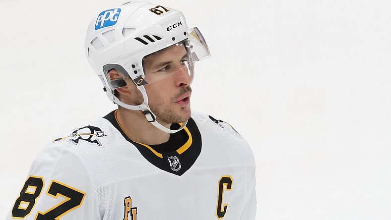 Feb 23, 2021; Washington, District of Columbia, USA; Pittsburgh Penguins center Sidney Crosby (87) stands on the ice against the Washington Capitals at Capital One Arena. Mandatory Credit: Geoff Burke-USA TODAY Sports