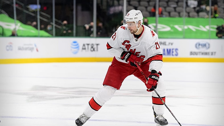 Feb 13, 2021; Dallas, Texas, USA; Carolina Hurricanes right wing Nino Niederreiter (21) in action during the game between the Dallas Stars and the Carolina Hurricanes at the American Airlines Center. Mandatory Credit: Jerome Miron-USA TODAY Sports