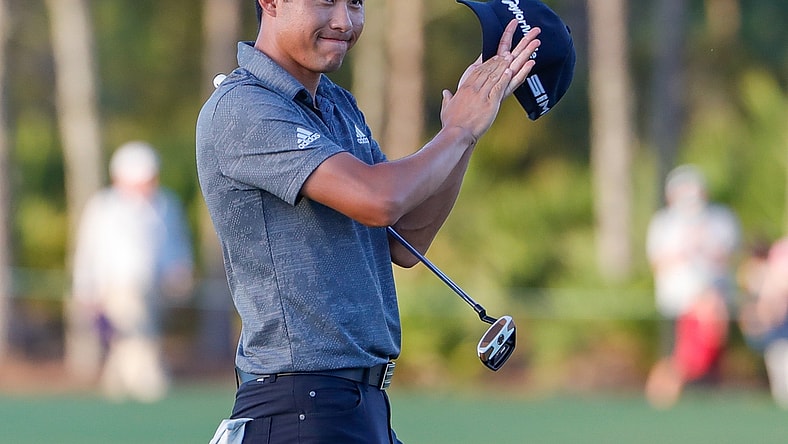 Feb 28, 2021; Bradenton, Florida, USA; Collin Morikawa celebrates after winning the World Golf Championships at The Concession golf tournament at The Concession Golf Club. Mandatory Credit: Mike Watters-USA TODAY Sports