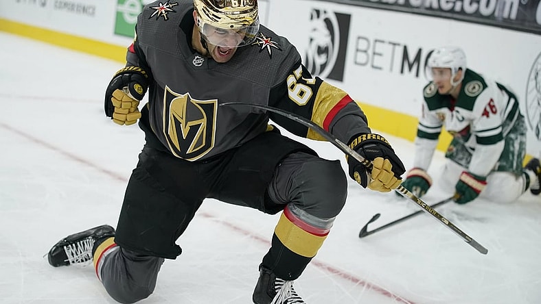 Mar 1, 2021; Las Vegas, Nevada, USA; Vegas Golden Knights left wing Max Pacioretty (67) celebrates after scoring against the Minnesota Wild during overtime at T-Mobile Arena. Mandatory Credit: John Locher-POOL PHOTOS-USA TODAY Sports