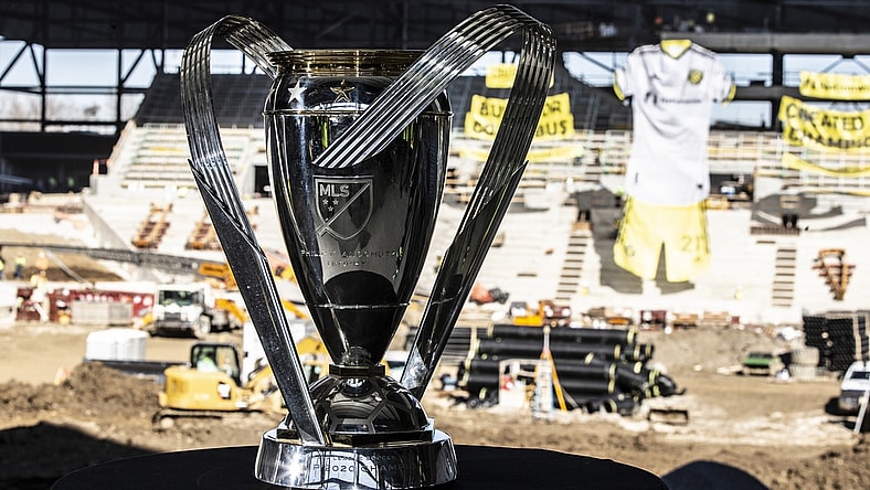 Mar 2, 2021; Columbus, Ohio, USA; A general view of th 2020 MLS Cup during the Columbus Crew SC 2021 kit unveiling event at New Crew Stadium. Mandatory Credit: Greg Bartram-USA TODAY Sports