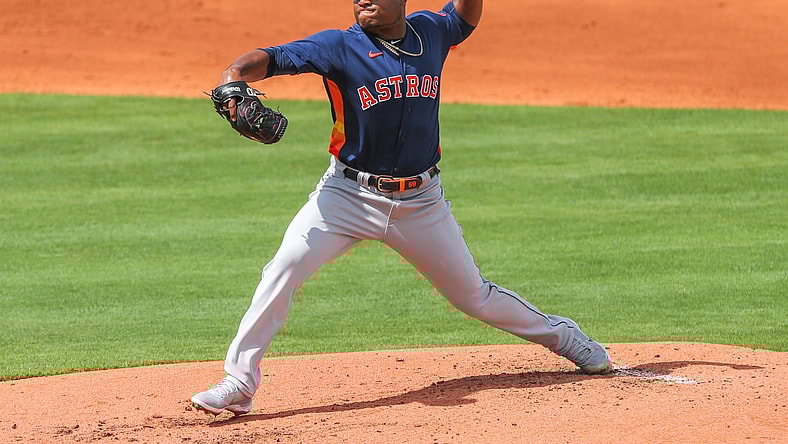 Mar 2, 2021; Port St. Lucie, Florida, USA;  Houston Astros starting pitcher Framber Valdez (59) delivers a pitch against the New York Mets in the first inning at Clover Park. Mandatory Credit: Sam Navarro-USA TODAY Sports
