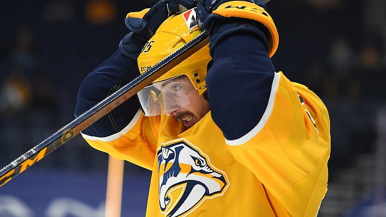 Mar 2, 2021; Nashville, Tennessee, USA; Nashville Predators center Matt Duchene (95) reacts after being stopped on a shot during the third period against the Carolina Hurricanes at Bridgestone Arena. Mandatory Credit: Christopher Hanewinckel-USA TODAY Sports
