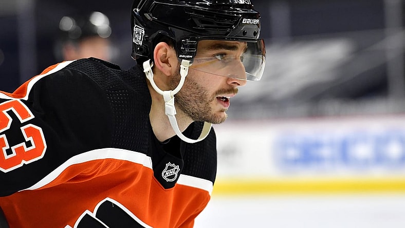 Feb 24, 2021; Philadelphia, Pennsylvania, USA; Philadelphia Flyers defenseman Shayne Gostisbehere (53) against the New York Rangers during the first period at Wells Fargo Center. Mandatory Credit: Eric Hartline-USA TODAY Sports