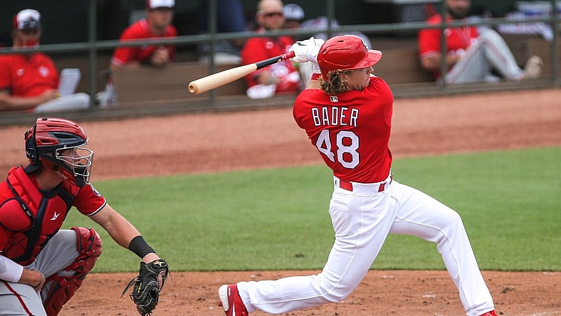 Feb 28, 2021; Jupiter, Florida, USA; St. Louis Cardinals center fielder Harrison Bader (48) swings during his at bat against the Washington Nationals in the  at Roger Dean Chevrolet Stadium. Mandatory Credit: Sam Navarro-USA TODAY Sports