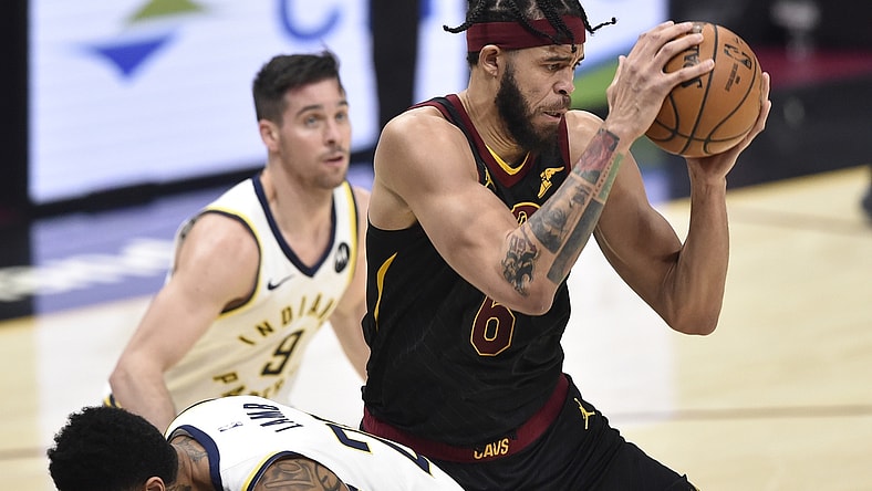 Mar 3, 2021; Cleveland, Ohio, USA; Cleveland Cavaliers center JaVale McGee (6) rebounds in the second quarter against the Indiana Pacers at Rocket Mortgage FieldHouse. Mandatory Credit: David Richard-USA TODAY Sports