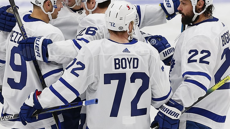 Mar 3, 2021; Edmonton, Alberta, CAN; The Toronto Maple Leafs celebrate a second period  goal by forward Jimmy Vesey (26) against the Edmonton Oilers at Rogers Place. Mandatory Credit: Perry Nelson-USA TODAY Sports