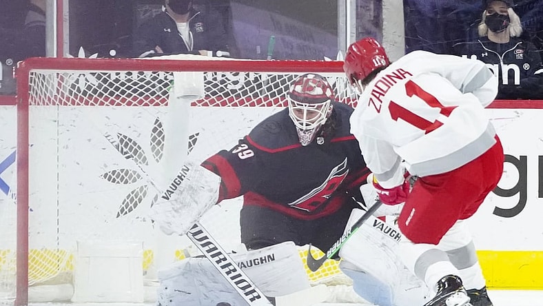 Mar 4, 2021; Raleigh, North Carolina, USA;  Carolina Hurricanes goaltender Alex Nedeljkovic (39) stops a shot by Detroit Red Wings right wing Filip Zadina (11) during the first period at PNC Arena. Mandatory Credit: James Guillory-USA TODAY Sports