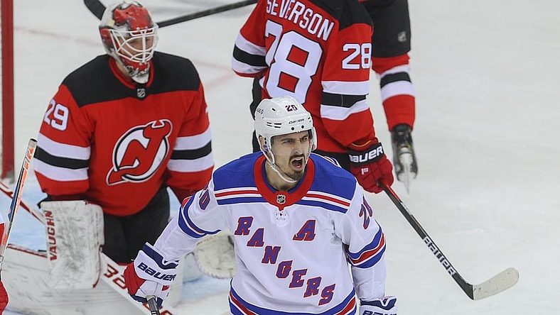 Mar 4, 2021; Newark, New Jersey, USA; New York Rangers left wing Chris Kreider (20) celebrates his goal during the second period of their game against the New Jersey Devils at Prudential Center. Mandatory Credit: Ed Mulholland-USA TODAY Sports