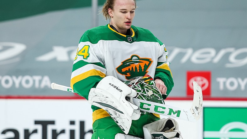 Feb 27, 2021; Saint Paul, Minnesota, USA; Minnesota Wild goaltender Kaapo Kahkonen (34) looks on in the third period during a game against the Los Angeles Kings at Xcel Energy Center. Mandatory Credit: David Berding-USA TODAY Sports