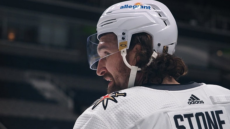Mar 5, 2021; San Jose, California, USA; Vegas Golden Knights right wing Mark Stone (61) looks on between plays against the San Jose Sharks during the second period at SAP Center at San Jose. Mandatory Credit: Kelley L Cox-USA TODAY Sports
