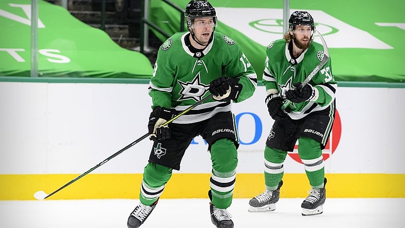 Mar 2, 2021; Dallas, Texas, USA; Dallas Stars defenseman Mark Pysyk (13) in action during the game  between the Dallas Stars and the Tampa Bay Lightning at the American Airlines Center. Mandatory Credit: Jerome Miron-USA TODAY Sports