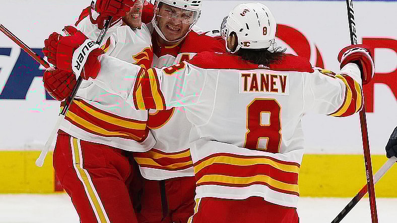 Mar 6, 2021; Edmonton, Alberta, CAN; Calgary Flames defensemen Noah Hanifin (55) celebrates after a third period goal against the Edmonton Oilers at Rogers Place. Mandatory Credit: Perry Nelson-USA TODAY Sports