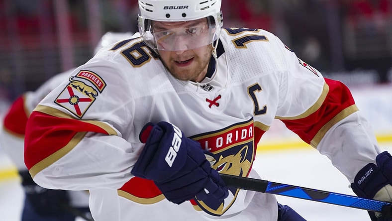 Mar 7, 2021; Raleigh, North Carolina, USA;  Florida Panthers center Aleksander Barkov (16) skates against the Carolina Hurricanes during the third period at PNC Arena. Mandatory Credit: James Guillory-USA TODAY Sports