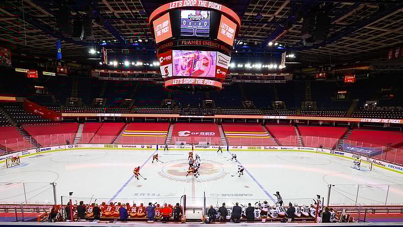 Mar 7, 2021; Calgary, Alberta, CAN; General view of the face off between the Calgary Flames and the Ottawa Senators during the first period at Scotiabank Saddledome. Mandatory Credit: Sergei Belski-USA TODAY Sports