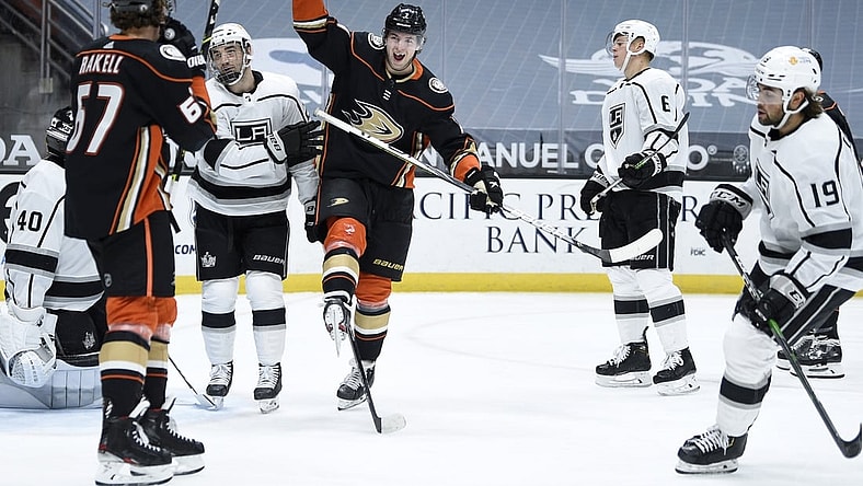 Mar 8, 2021; Anaheim, California, USA; Anaheim Ducks defenseman Ben Hutton (7) reacts after scoring a goal during the second period against the Los Angeles Kings at Honda Center. Mandatory Credit: Kelvin Kuo-USA TODAY Sports