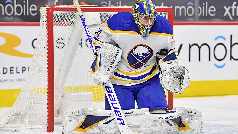 Mar 9, 2021; Philadelphia, Pennsylvania, USA; Buffalo Sabres goaltender Jonas Johansson (34) makes a save against the Philadelphia Flyers during the third period at Wells Fargo Center. Mandatory Credit: Eric Hartline-USA TODAY Sports