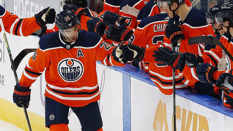 Mar 12, 2021; Edmonton, Alberta, CAN; Edmonton Oilers defensemen Darnell Nurse (25) celebrates a second period goal against the Ottawa Senators at Rogers Place. Mandatory Credit: Perry Nelson-USA TODAY Sports