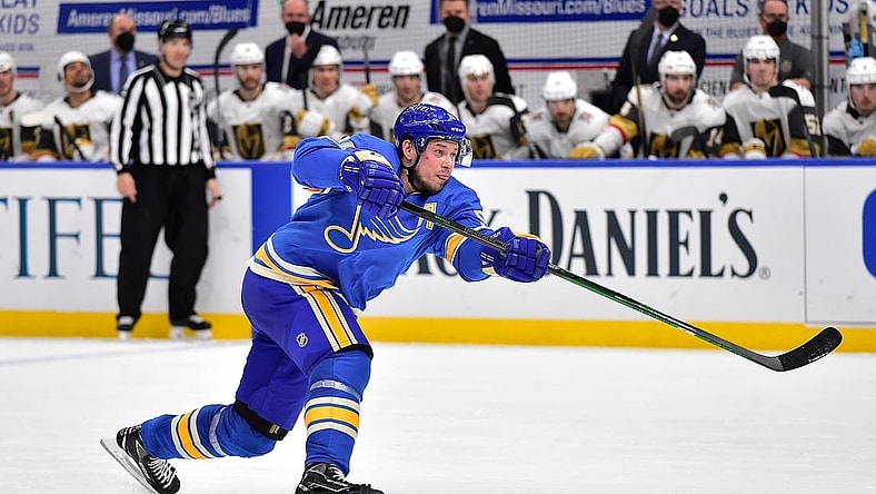 Mar 13, 2021; St. Louis, Missouri, USA;  St. Louis Blues right wing Vladimir Tarasenko (91) shoots during the third period against the Vegas Golden Knights at Enterprise Center. Mandatory Credit: Jeff Curry-USA TODAY Sports