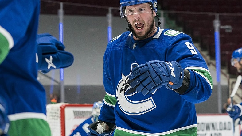 Mar 13, 2021; Vancouver, British Columbia, CAN; Vancouver Canucks forward J.T. Miller (9) celebrates the Canucks victory against the Edmonton Oilers in the third period at Rogers Arena.Canucks won 2-1.  Mandatory Credit: Bob Frid-USA TODAY Sports
