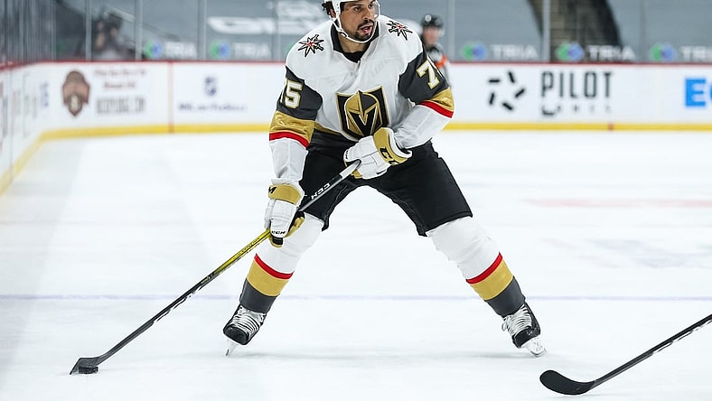 Mar 8, 2021; Saint Paul, Minnesota, USA; Vegas Golden Knights right wing Ryan Reaves (75) skates with the puck in the first period during a game against the Minnesota Wild at Xcel Energy Center. Mandatory Credit: David Berding-USA TODAY Sports
