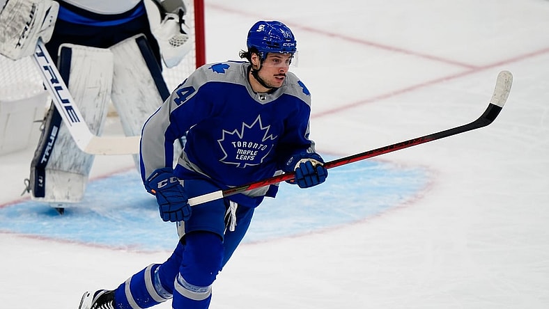 Mar 9, 2021; Toronto, Ontario, CAN; Toronto Maple Leafs forward Auston Matthews (34) skates against the Winnipeg Jets at Scotiabank Arena. Mandatory Credit: John E. Sokolowski-USA TODAY Sports
