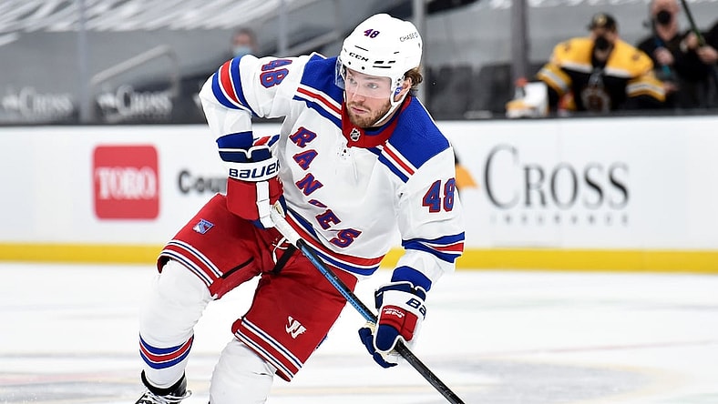 Mar 11, 2021; Boston, Massachusetts, USA; New York Rangers left wing Brendan Lemieux (48) enters the offensive zone during the second period against the Boston Bruins at TD Garden. Mandatory Credit: Bob DeChiara-USA TODAY Sports