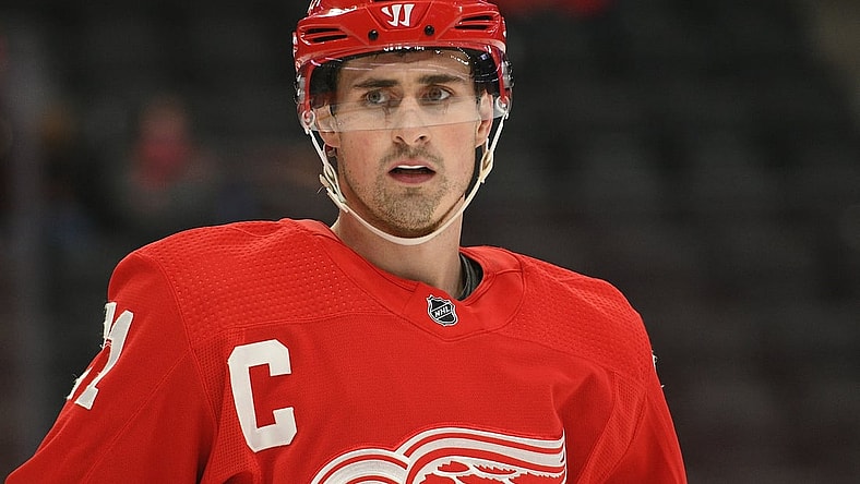 Mar 11, 2021; Detroit, Michigan, USA; Detroit Red Wings center Dylan Larkin (71) during the game against the Tampa Bay Lightning at Little Caesars Arena. Mandatory Credit: Tim Fuller-USA TODAY Sports