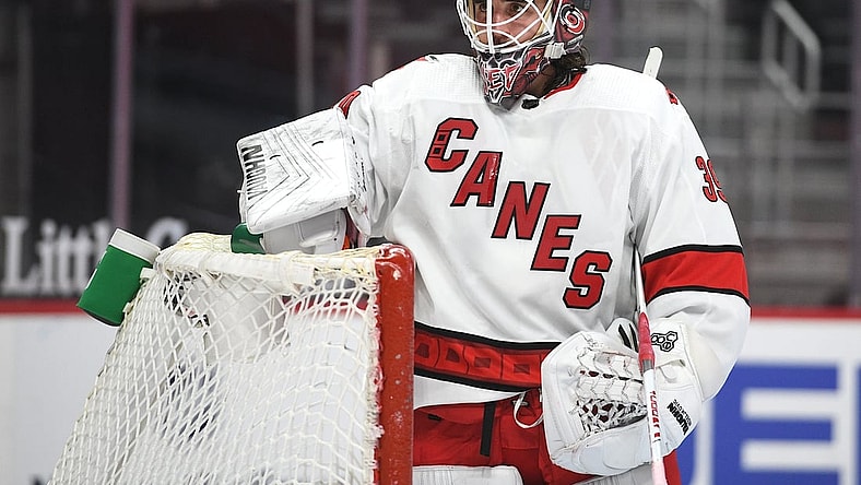 Mar 14, 2021; Detroit, Michigan, USA; Carolina Hurricanes goaltender Alex Nedeljkovic (39) during the second period against the Detroit Red Wings at Little Caesars Arena. Mandatory Credit: Tim Fuller-USA TODAY Sports