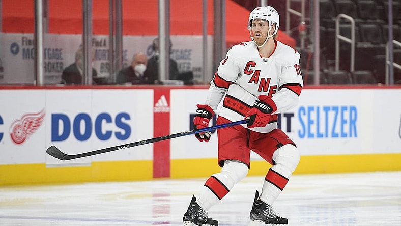Mar 14, 2021; Detroit, Michigan, USA; Carolina Hurricanes defenseman Dougie Hamilton (19) during the third period against the Detroit Red Wings at Little Caesars Arena. Mandatory Credit: Tim Fuller-USA TODAY Sports