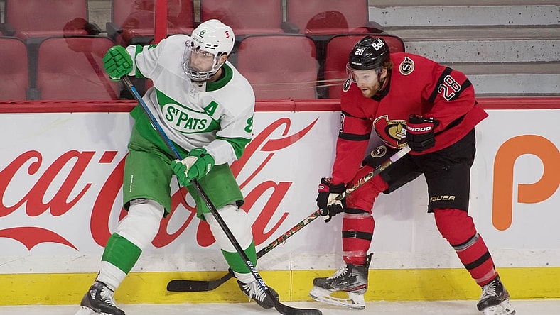 Mar 14, 2021; Ottawa, Ontario, CAN; Toronto Maple Leafs defenseman Jake Muzzin (8) and Ottawa Senators right wing Connor Brown (28) battle in the third period at the Canadian Tire Centre. Mandatory Credit: Marc DesRosiers-USA TODAY Sports