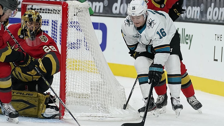 Mar 15, 2021; Las Vegas, Nevada, USA; San Jose Sharks center Ryan Donato (16) attempts a shot on Vegas Golden Knights goaltender Marc-Andre Fleury (29) during the first period of an NHL hockey game Monday, March 15, 2021, in Las Vegas.  Mandatory Credit:  John Locher/POOL PHOTOS-USA TODAY Sports