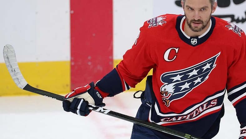 Mar 16, 2021; Washington, District of Columbia, USA; Washington Capitals left wing Alex Ovechkin (8) skates during warmups prior to the Capitals' game against the New York Islanders at Capital One Arena. Mandatory Credit: Geoff Burke-USA TODAY Sports