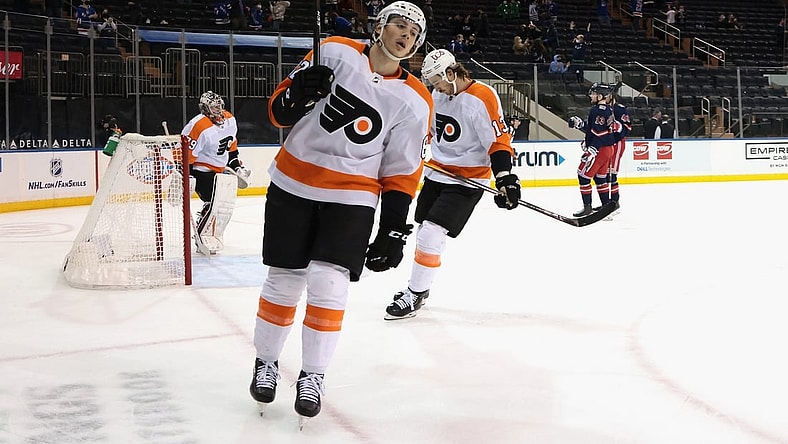 Mar 17, 2021; New York, New York, USA; Philadelphia Flyers center Connor Bunnaman (82) and the Philadelphia Flyers react following a second period goal by New York Rangers center Filip Chytil (72) that made the score 9-0 at Madison Square Garden at Madison Square Garden. Mandatory Credit:  Bruce Bennett/POOL PHOTOS-USA TODAY Sports