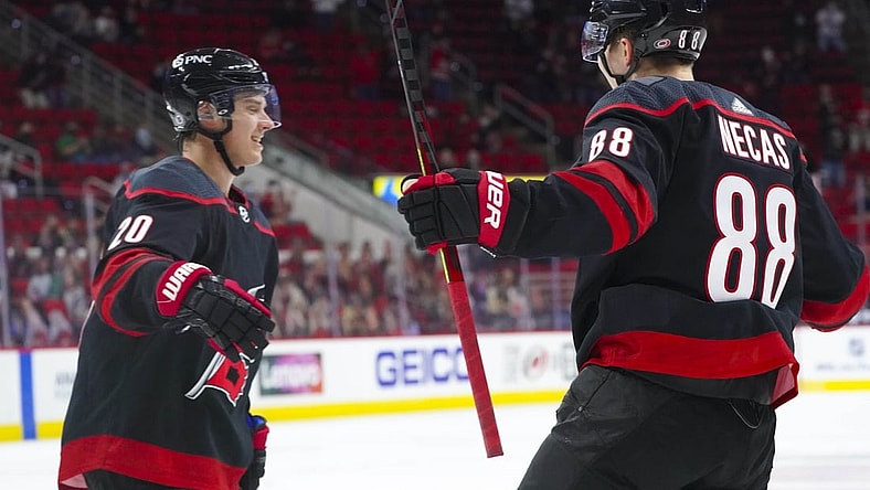 Mar 18, 2021; Raleigh, North Carolina, USA;  Carolina Hurricanes right wing Sebastian Aho (20) celebrates his second period goal with center Martin Necas (88) against the Columbus Blue Jackets at PNC Arena. Mandatory Credit: James Guillory-USA TODAY Sports