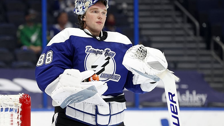 Mar 18, 2021; Tampa, Florida, USA;Tampa Bay Lightning goaltender Andrei Vasilevskiy (88) against the Chicago Blackhawks during the second period at Amalie Arena. Mandatory Credit: Kim Klement-USA TODAY Sports