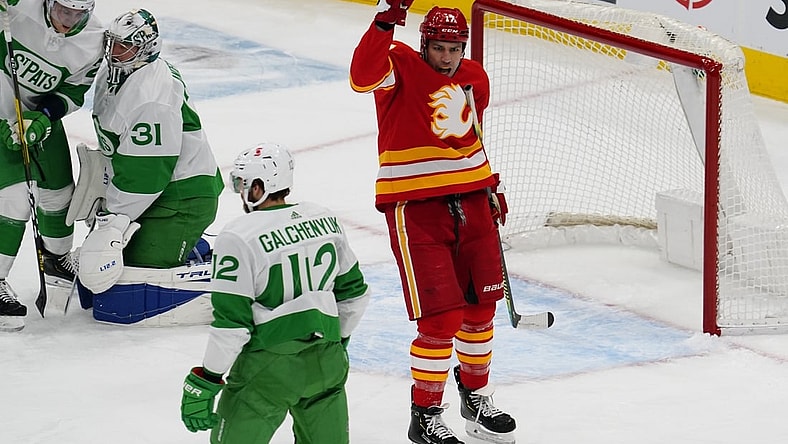 Mar 19, 2021; Toronto, Ontario, CAN; Calgary Flames forward Milan Lucic (17) celebrates a goal by Calgary Flames forward Derek Ryan (not pictured) during the first period against the Toronto Maple Leafs at Scotiabank Arena. Mandatory Credit: John E. Sokolowski-USA TODAY Sports