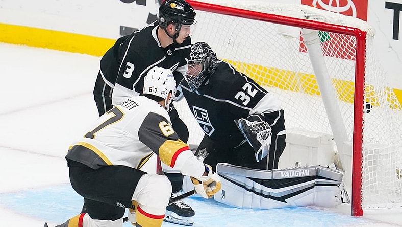 Mar 19, 2021; Los Angeles, California, USA; Vegas Golden Knights left wing Max Pacioretty (67) puts the puck in the back of the net as he beats Los Angeles Kings goaltender Jonathan Quick (32) during the first period at Staples Center. Mandatory Credit: Robert Hanashiro-USA TODAY Sports